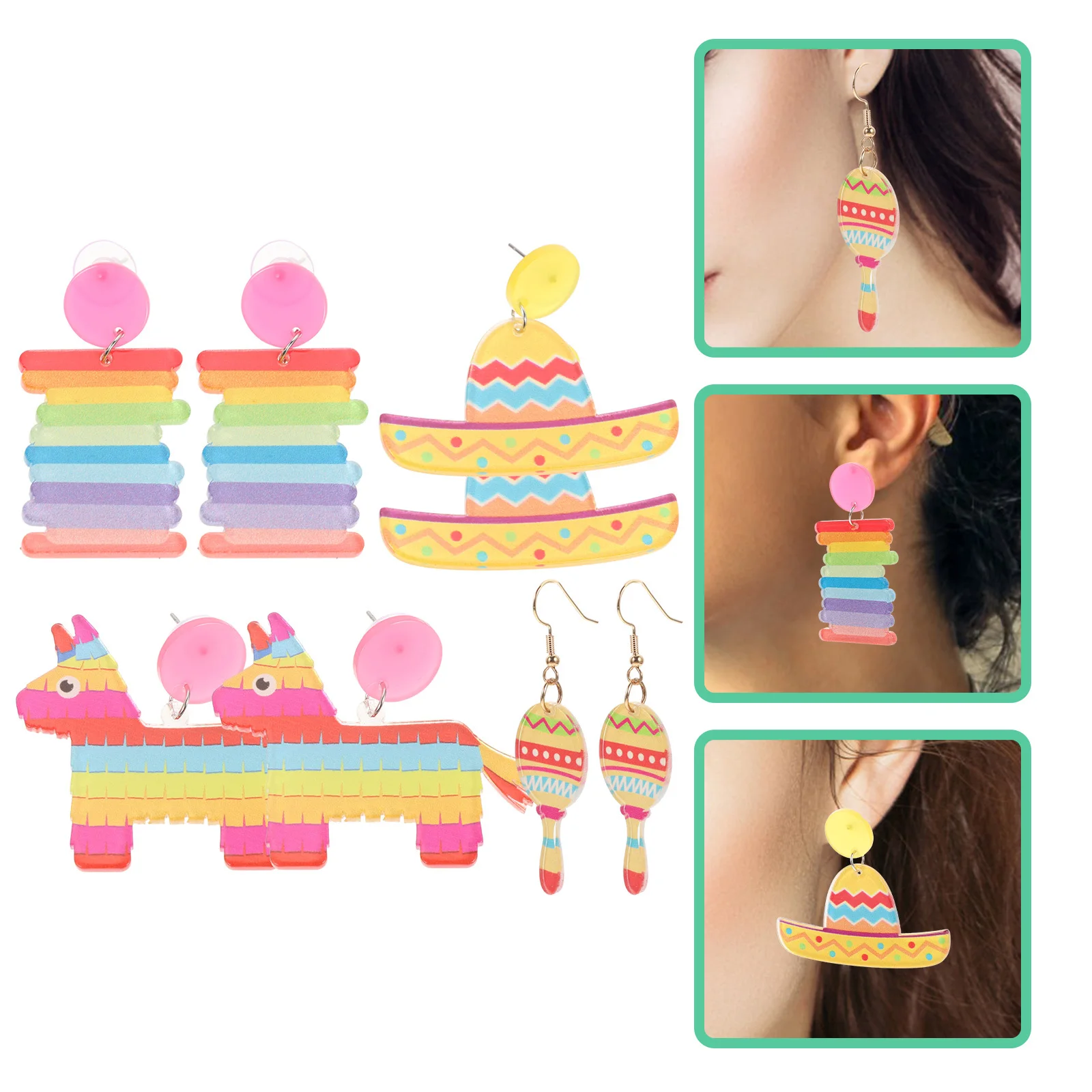

4Pairs Party Decoration Earrings Mexican Themed Acrylic Dangle Earrings Carnival Fiesta Gifts for Women Fiesta Gifts