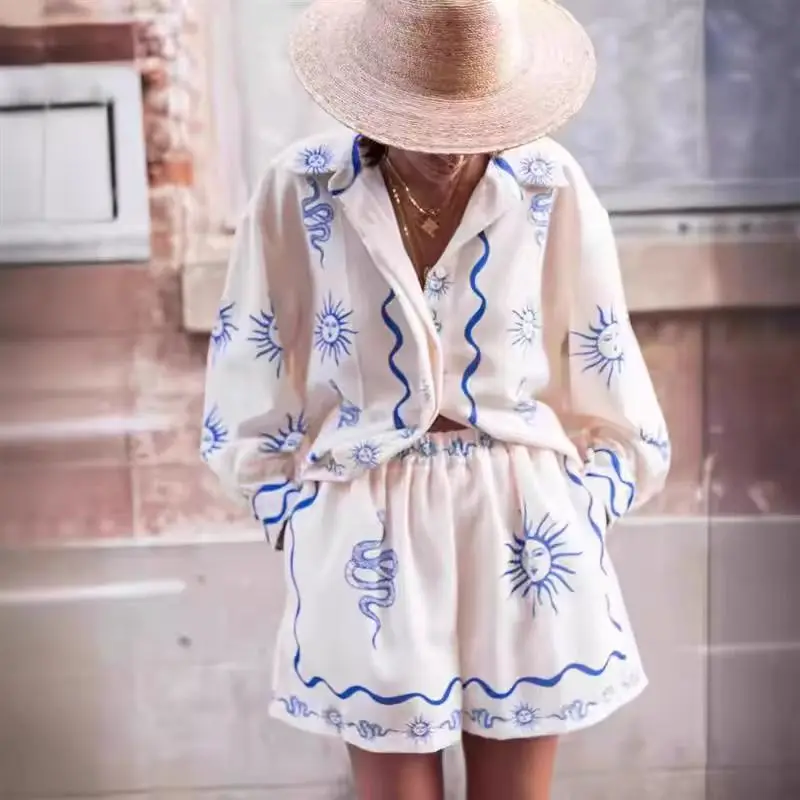 

European and American 2025 New Fashion Women's Set Printed linen Casual versatile shirt cardigan shorts two-piece set