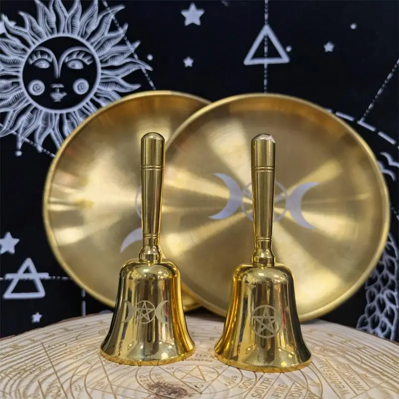 

1Pc Moon Pentagram Ritual Brass Hand Rattle Bell Prop Ceremony Divination Astrology Tool Witchcraft Supplies for Altar