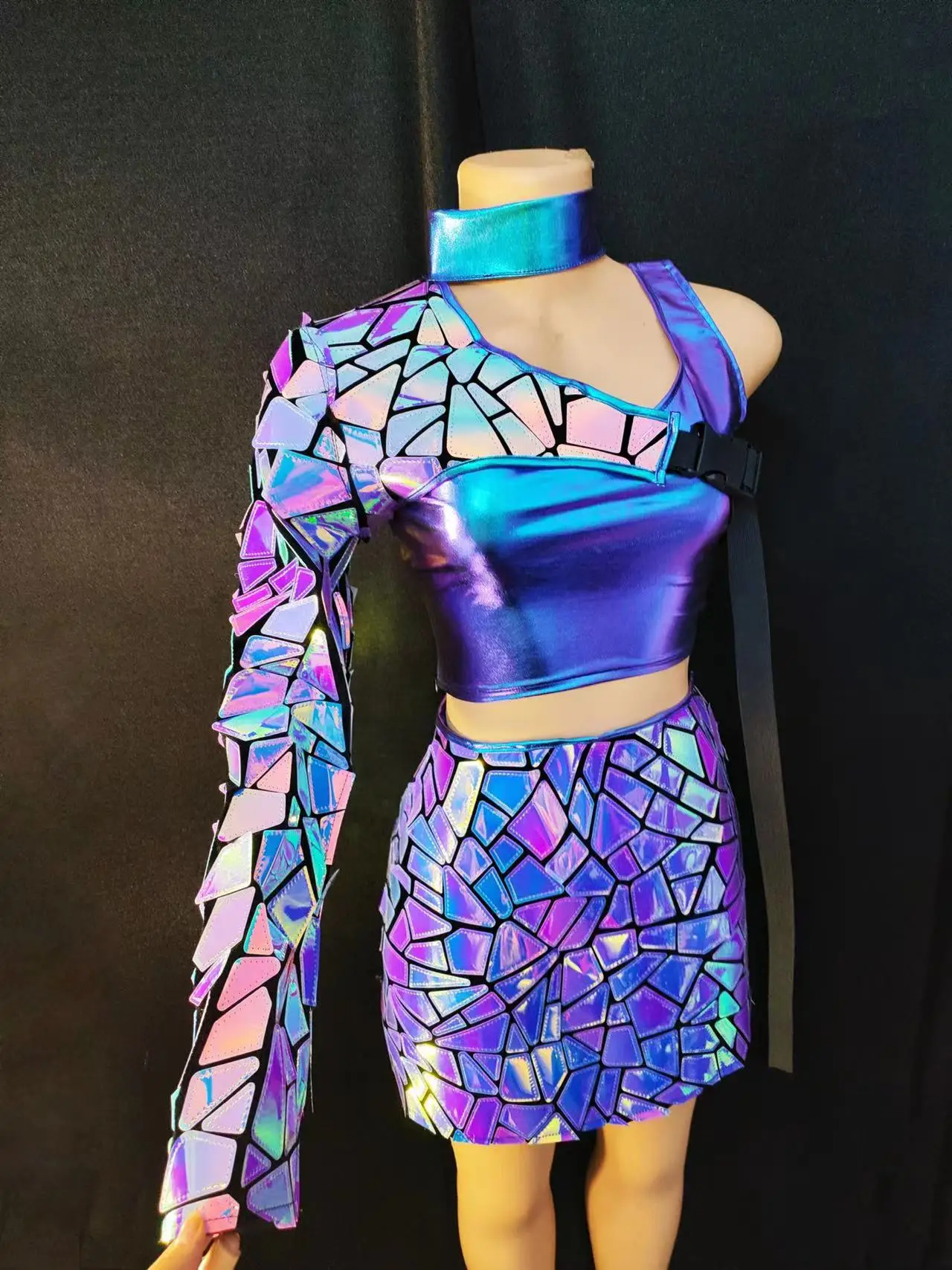 sliver-blue-sequin-laser-mirror-single-shoulder-coat-vest-dress-3pcs-set-dancer-singer-dancer-bar-nightclub-stage-wear-prom-wear