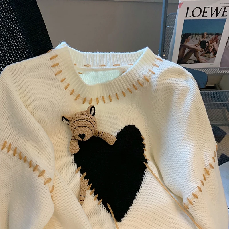 2023 Autumn Winter Bear Heart Pattern Sweater Vintage O-neck Pullovers Harajuku Jumper Tops Loose Sweet Cute Knitting Casual Top