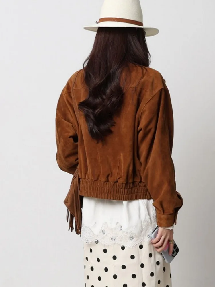 New Autumn Office Ladies Sheep Suede Short Biker Jacket Vintage Luxury Womens Genuine Leather Jackets Zip Lapel Loose Outerwear