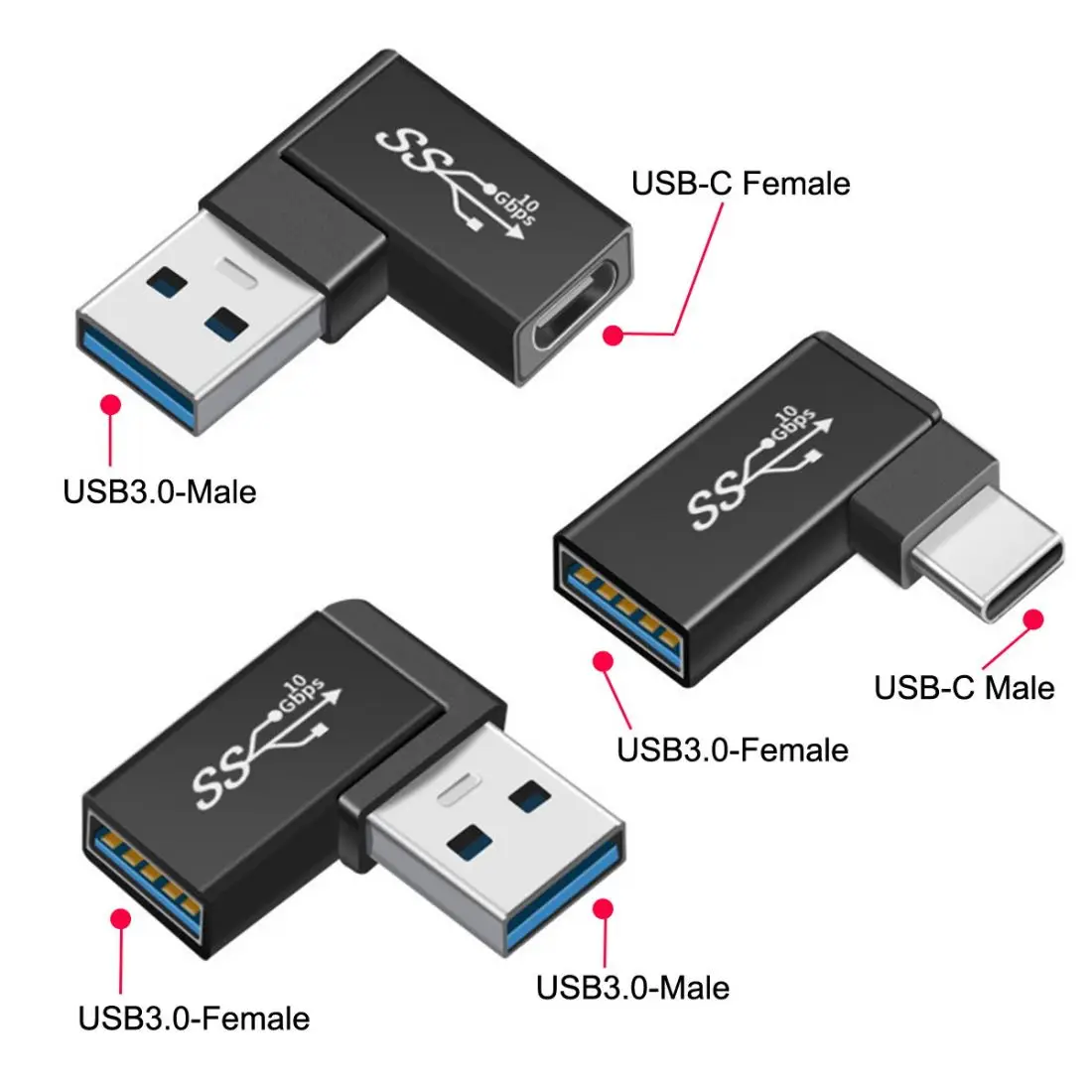 CYSM ChenYang CY USB 3.1 USB-C Type C Male Female to USB 3.0 Type A Female OTG Data 10Gbps 90 Degree Angled Adapter 3Pcs/Set