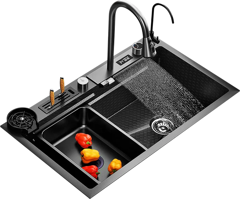 

Smart Kitchen Sink Gunmetal Gray Stainless Steel Waterfall With Sprayhead Faucet 1 Bowl Drop Workstation With LED TEMP Display