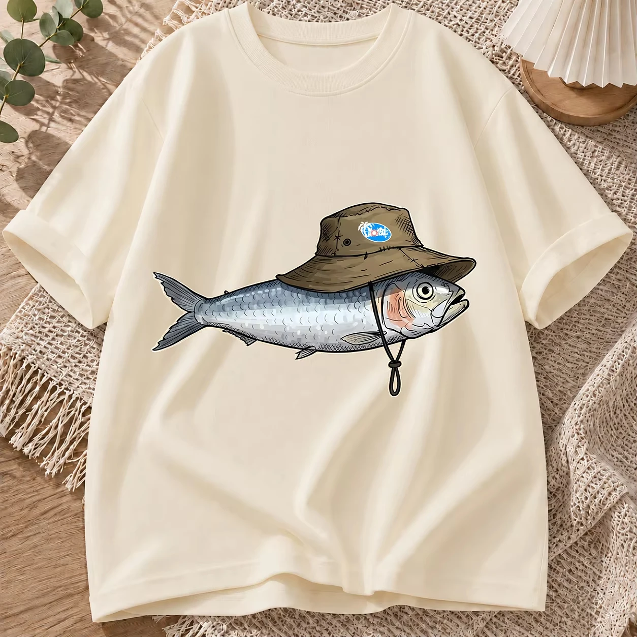 2026 New Pure Cotton Women T-Shirt 'Fish Wearing A Fishing Hat' Fun Fishing Print Crew Neck Short-Sleeve Casual Top