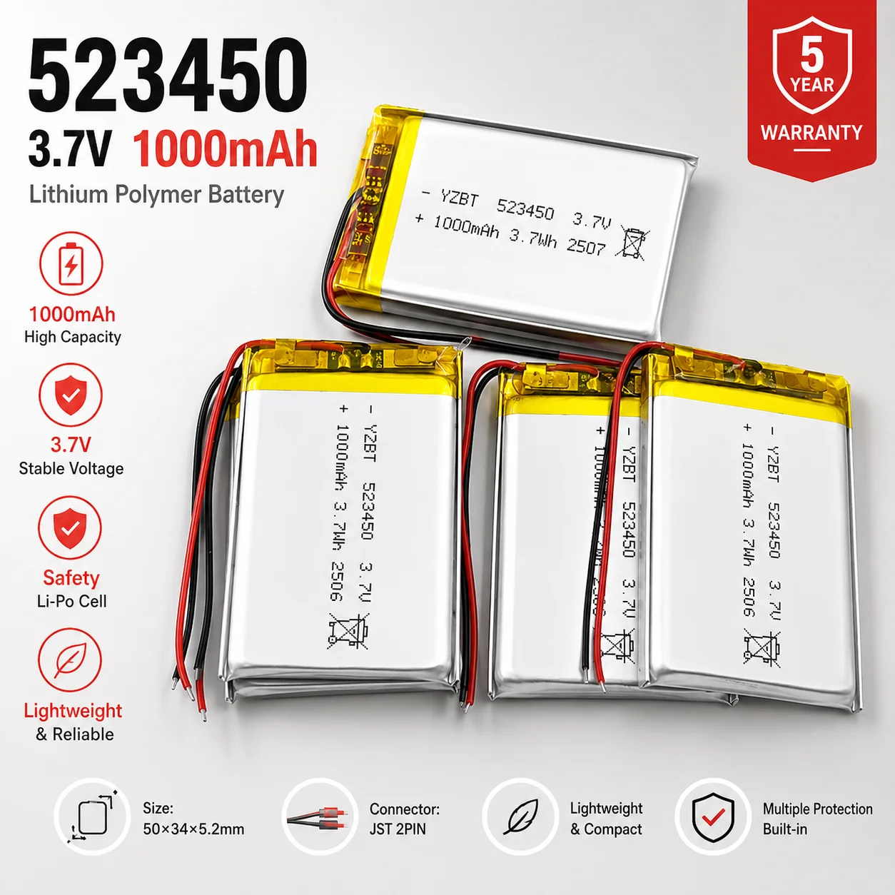 523450 503450 3.7V 1000mAh Rechargeable Li‑Polymer Battery for Dash Cam GPS Navigation Speaker Replacement