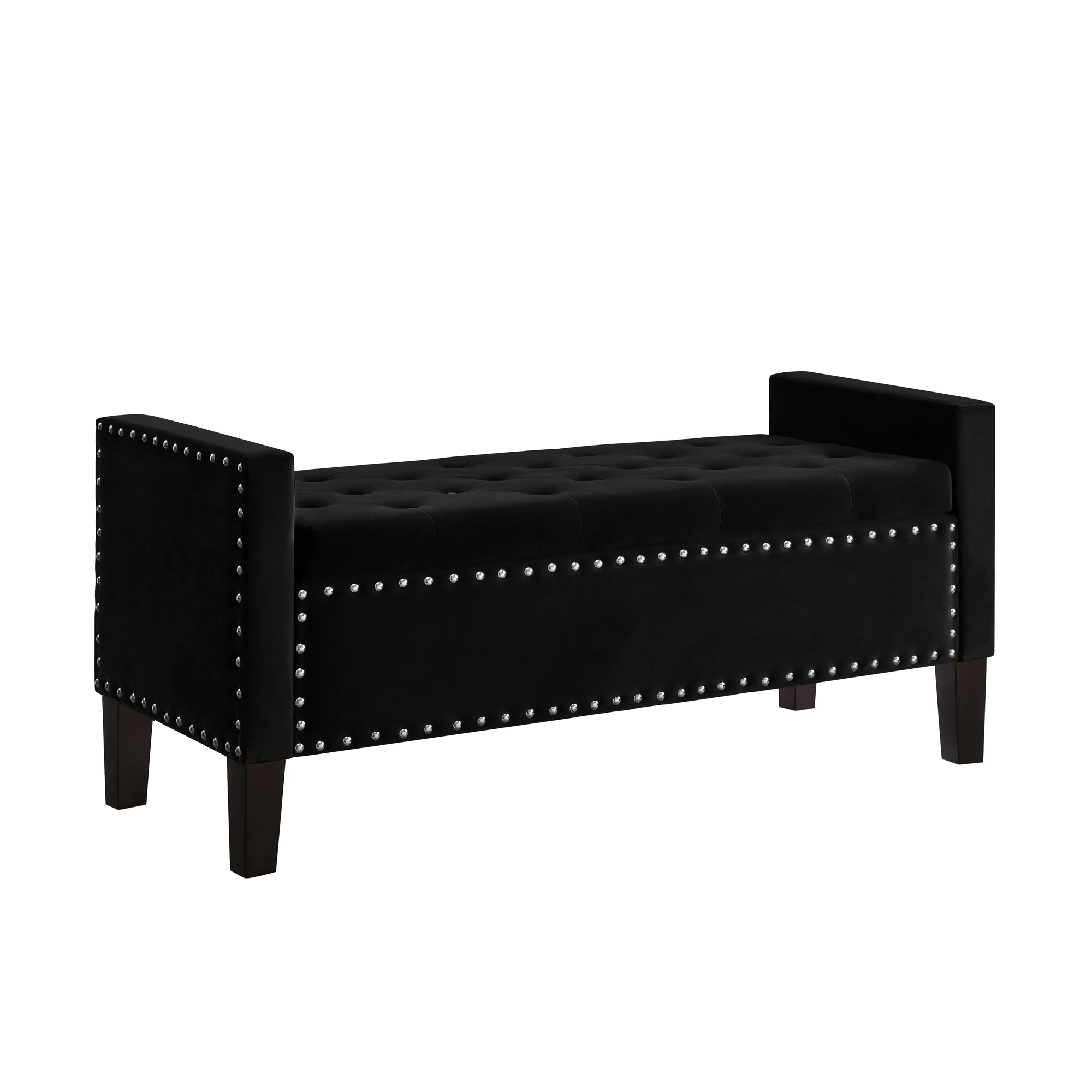 Upholstered Velvet Storage Bench with Button Studs Solid Wood Frame Living Room Entryway Seat Fashions Armrests Bench