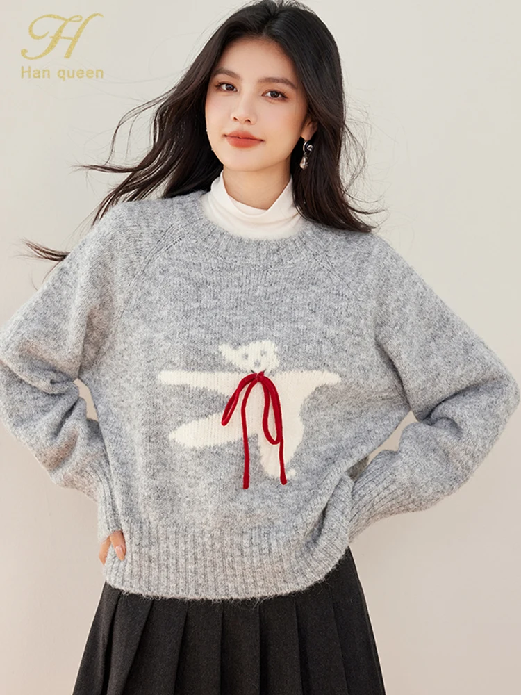 H Han Queen 2024 Winters Colorblocked Lace-Up Women Sweaters Thick Pullovers Vintage Female Clothing Bottoming Casual Knitwear