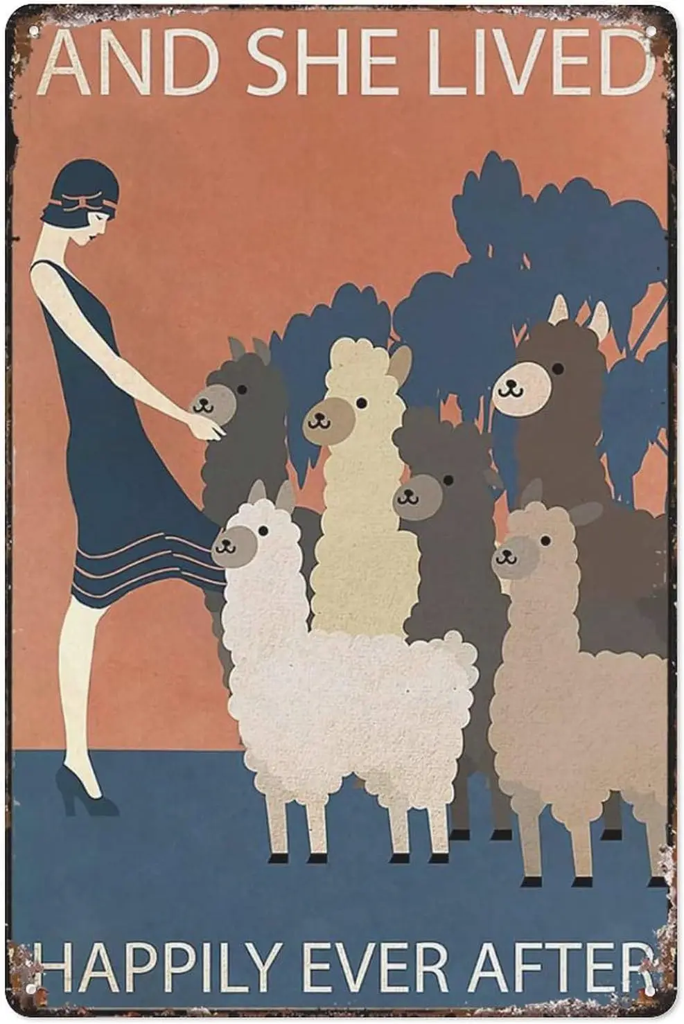 Tin Sign Metal Alpaca Lover, Alpaca Poster, And She Lived, Happily Ever After Vintage Metal Sign Plaque Man Cave Bar Pub Cl