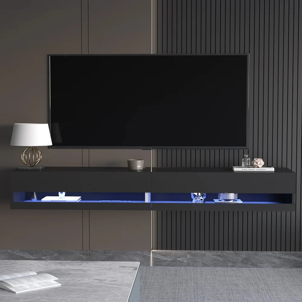

71 Inch Modern High Gloss Entertainment Center, Wall Mount TV Stand with LED Lights and Power Outlets, Suspended TV Stand
