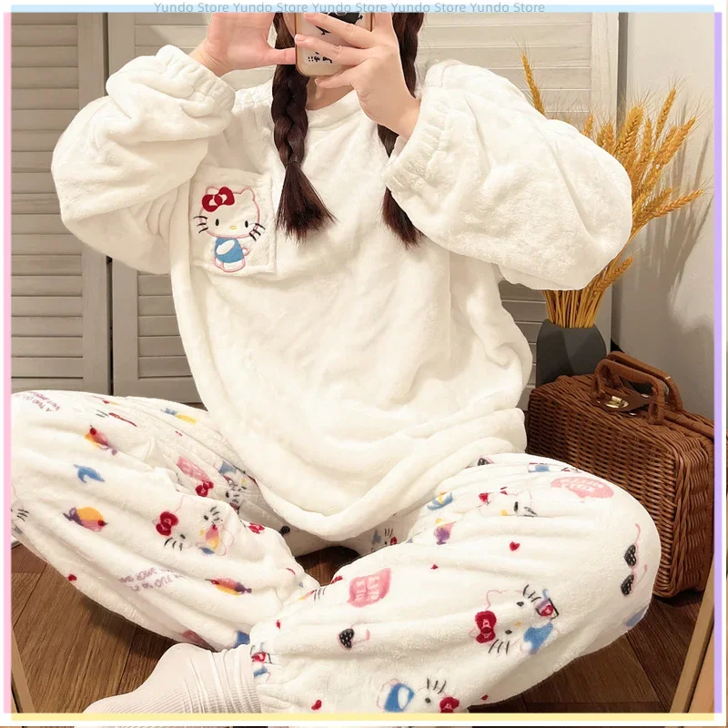 New Sanrio Girly  Home Clothes Kawaii Kuromi Hello Kitty Thick Long-sleeved Coral Fleece Pajamas Set Female Winter Anime Gift