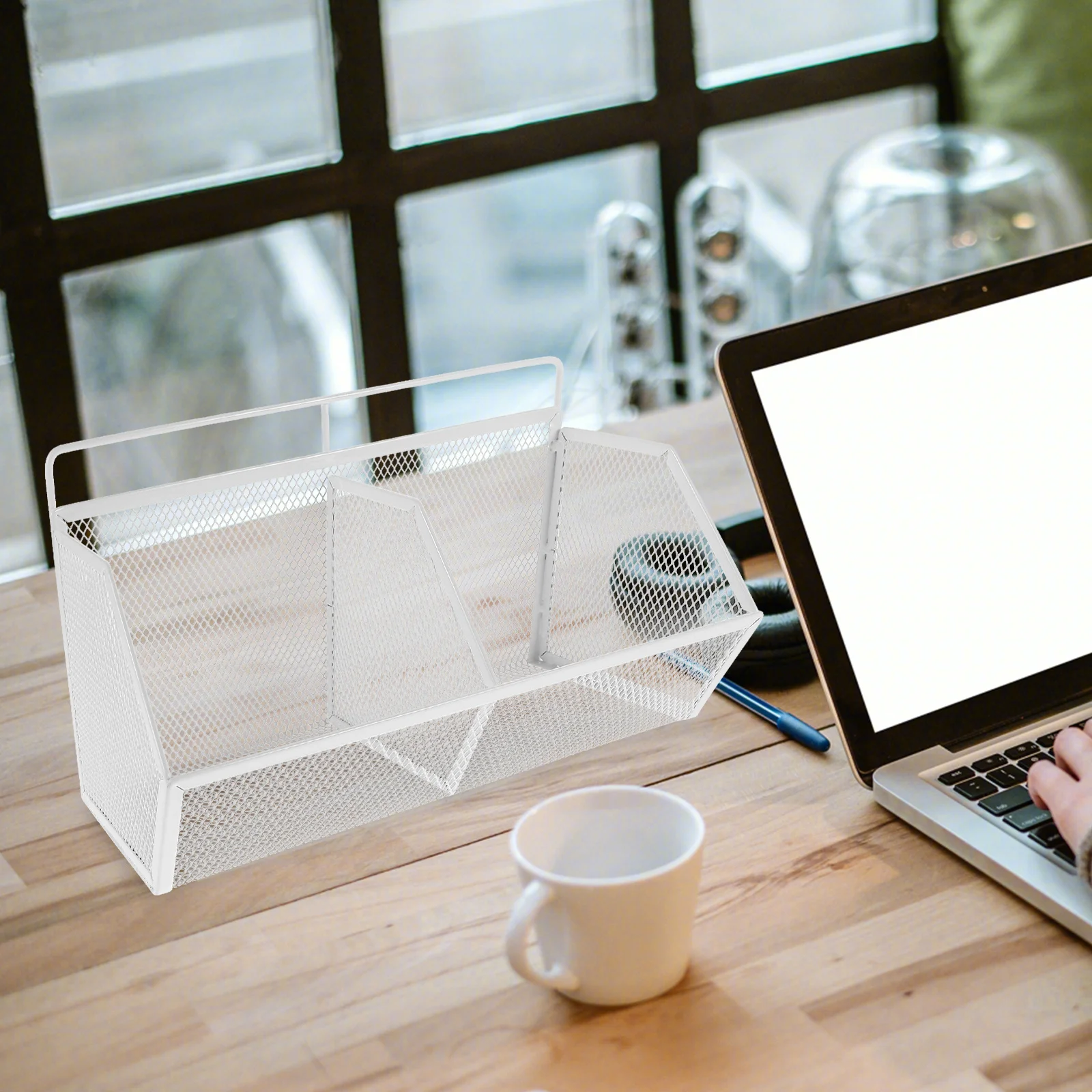 Organizzatore da scrivania in metallo bianco a 2 scomparti Porta documenti inclinato Selezionatore di carta multifunzionale per file desktop da ufficio