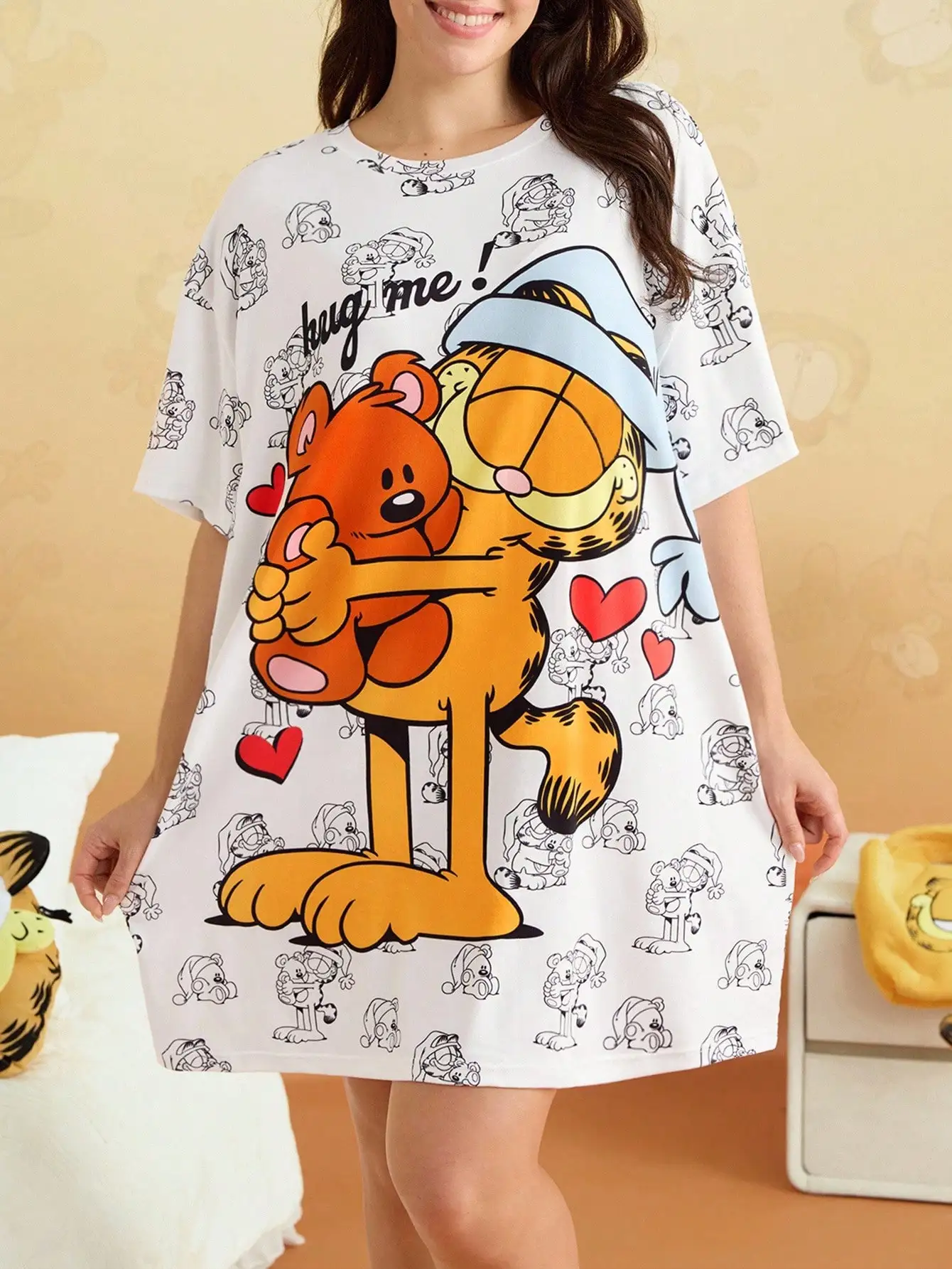 

Plus Size Cute Cartoon Cat Print Round Neck Short Sleeve Nightgown, Summer Pajamas for Women