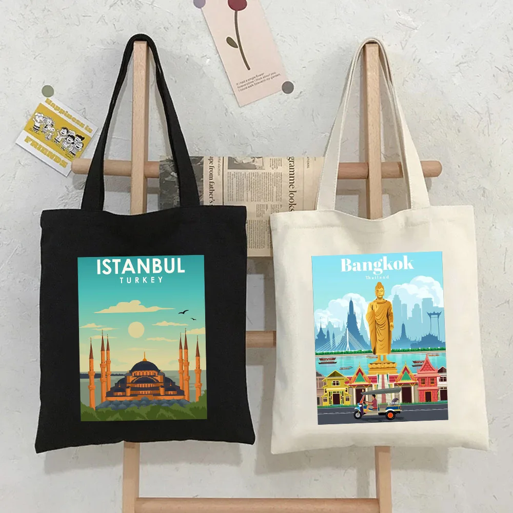 Istanbul Jerusalem Athens Bali Bangkok Barcelona Berlin Budapest Cairo Women\'s Canvas Shoulder Shopper Tote Bag Shopping Handbag