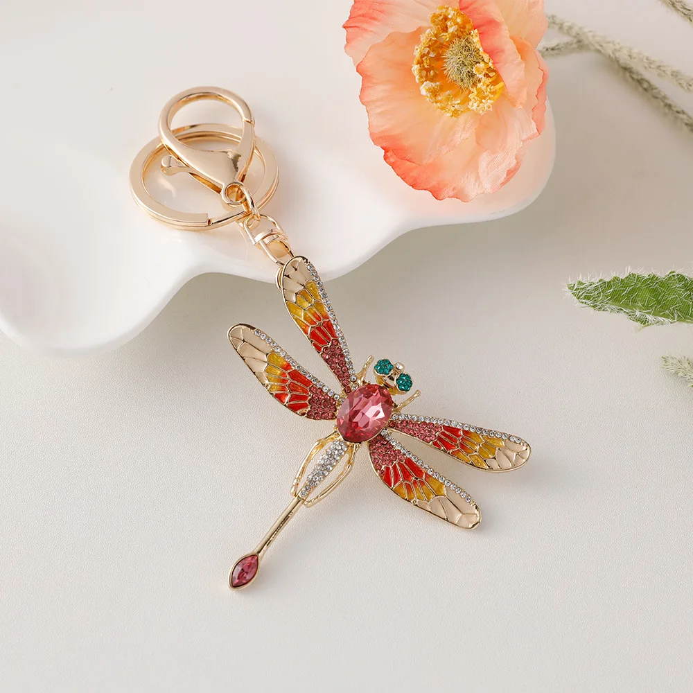 European American fashion color rhinestone dragonfly keychain insect creative bag hanging exquisite gift car decoration pendant