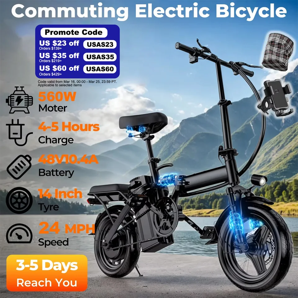 560W Adult Electric Bikes,24MPH,48V10.4AH Removable Battery,14inch Folding Electric Bike,Multi-Shock Absorption Electric Bicycle image 1