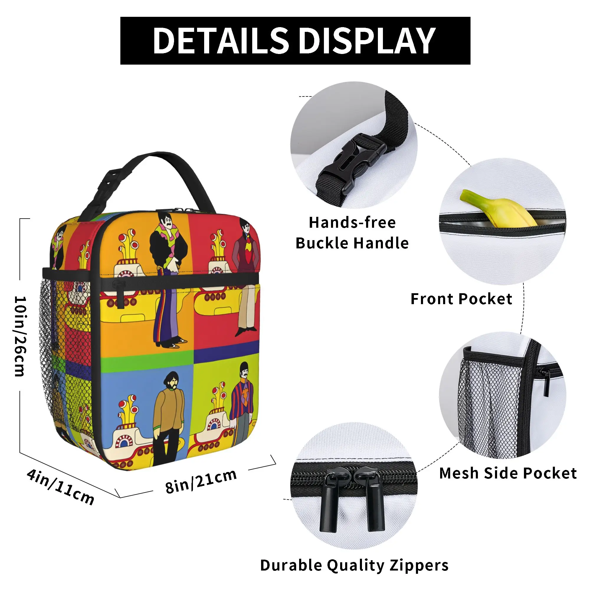 Beatle Yellow Submarine Lunch Bag, Musikalbum, Schul-Lunchbox für Männer, lässige Tragetasche, Lebensmitteltaschen, wasserdichte Kühltasche mit Reißverschluss – Detail 6