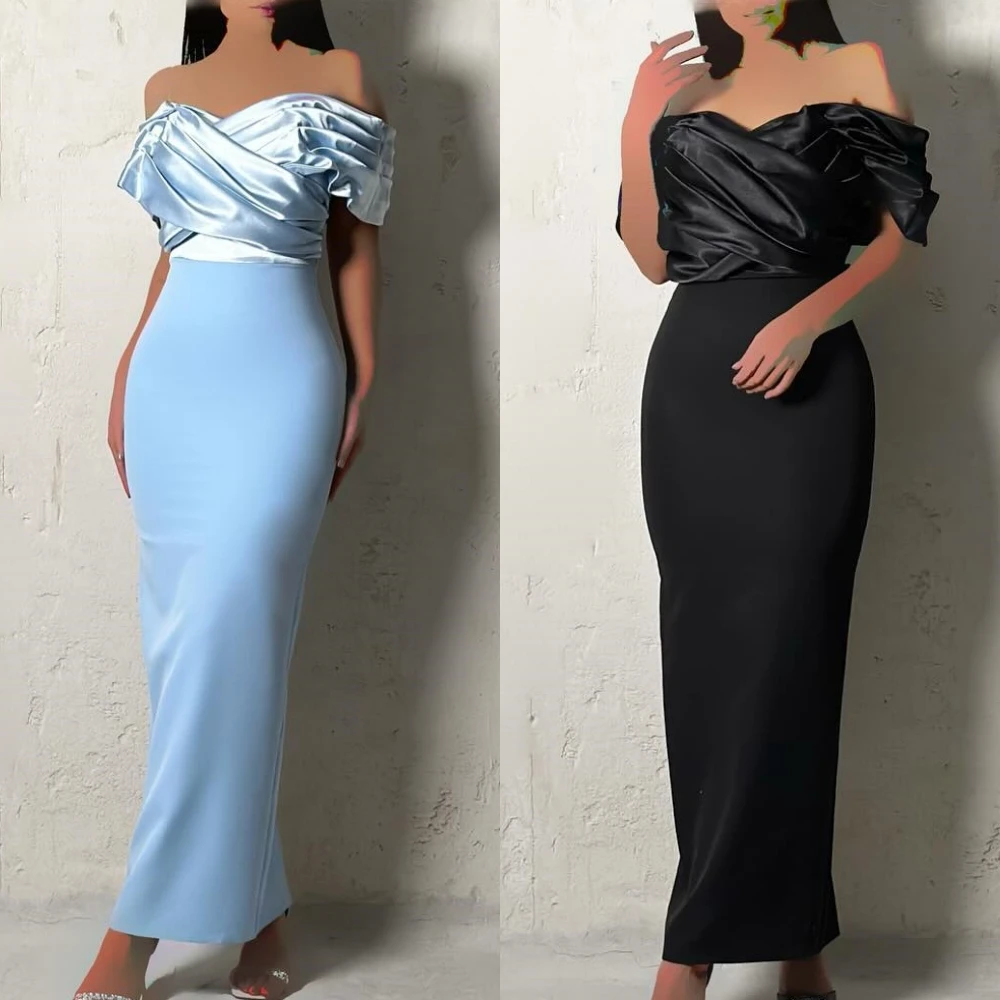 

Customized Simple Fashion Off-the-shoulder Sheath Party Dresses Shirred Hugging Skirts Anke Length Charmeuse Evening فساتين