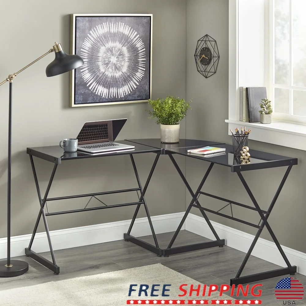 

L Shaped Glass and Metal Computer Desk Stylish Home Office Workstation Corner Desk Durable Modern Design Easy Assembly