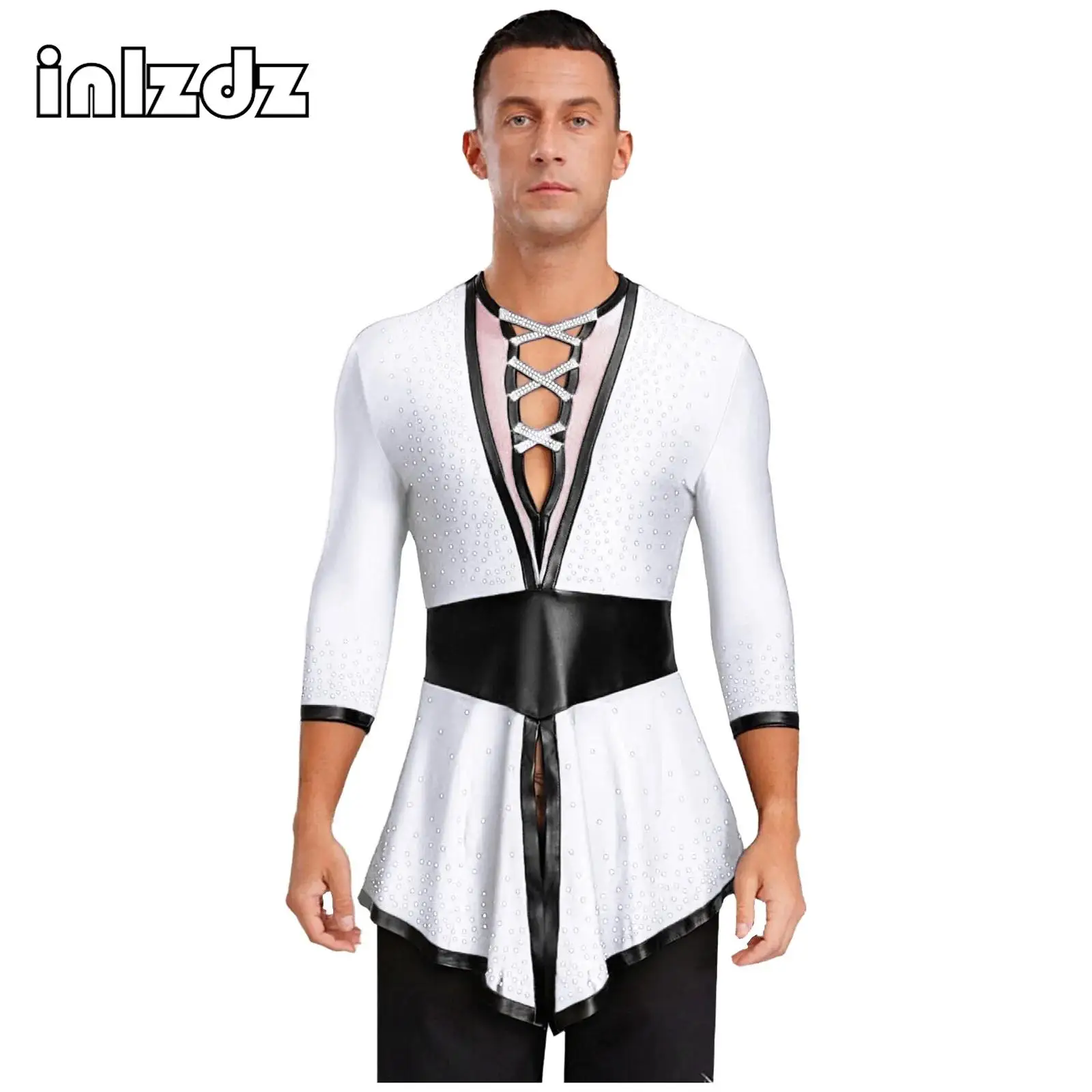 

Mens Latin Dance Top Ballet Tango Flamenco Ballrooms Dancewear Shiny Rhinestones Mesh V Neck Long Sleeve Swallowtail Shirt Tops