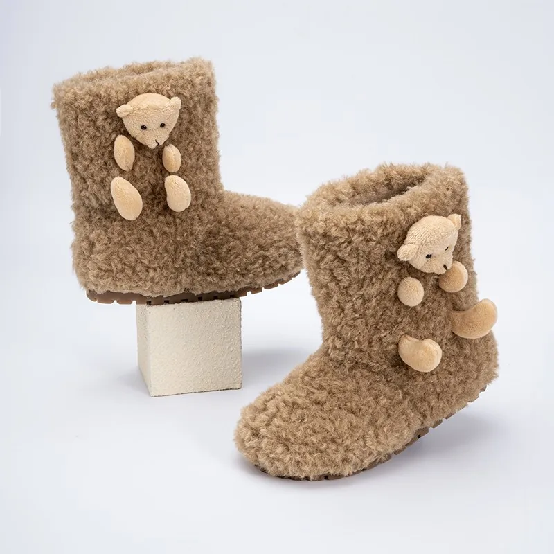 لطيف الدب الفتيات الدافئة أفخم التمهيد الشتاء الثلوج الأحذية جولة تو الانزلاق على الأطفال أحذية قطنية طفل موضة المضادة للانزلاق حذاء من الجلد #5
