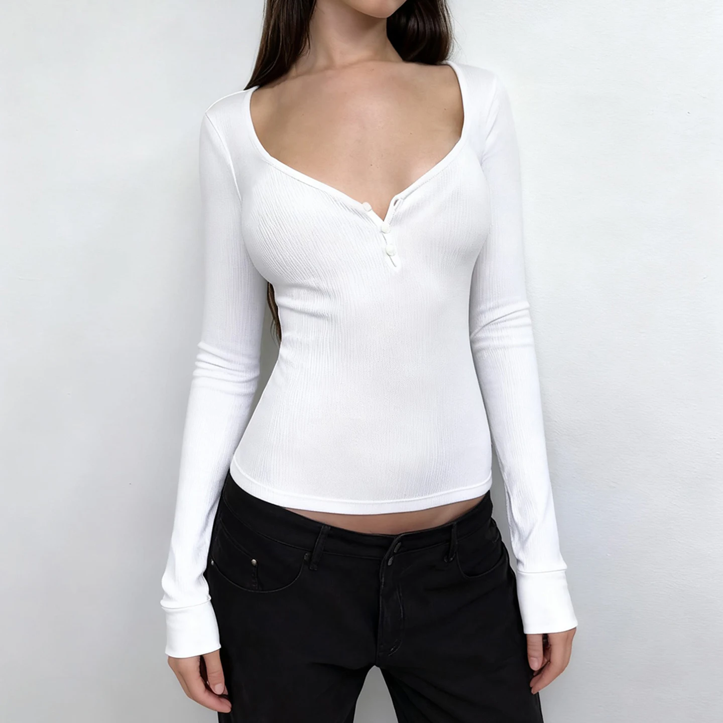 

Casual Solid Ribbed T-Shirt Basic Square Collar Long Sleeve Tees Women 2025 Autumn Spring Fashion Streetwear Ladies Layering Top