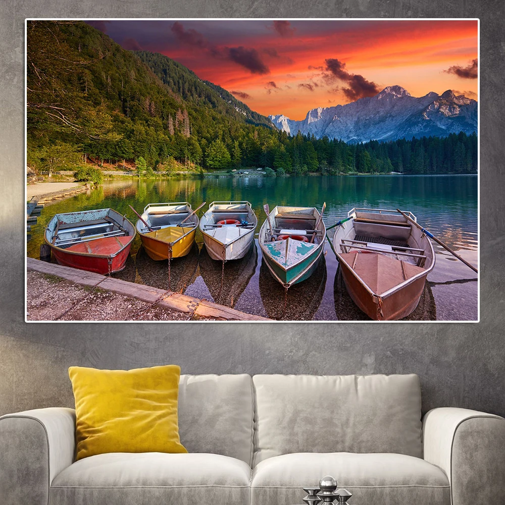 

Abstract Colorful Boat Poster Sunset Lakeside Landscape Canvas Painting Modern Snow Mountain Wall Art Living Room Home Decor