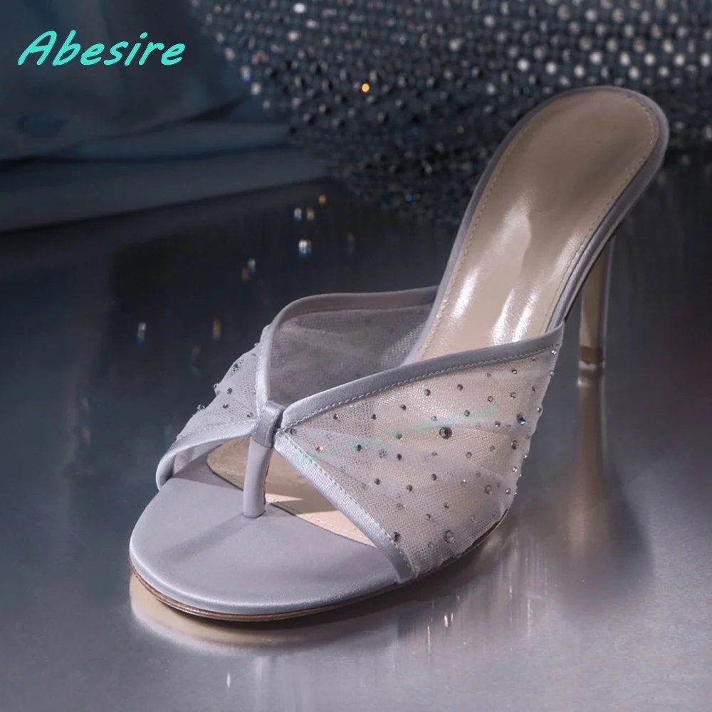 Mesh Patchwork Crystal Clip On Slippers Round Toe Thin Heels Shallow Shoes for Women Outside Daily Summer Elegant Fashion Shoes