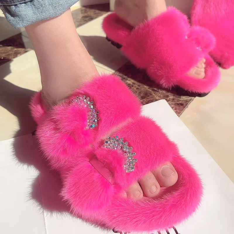 Summer Woman Real Fur Mink Slippers Ladies Fur Luxury Fluffy Plush Slipper Soft Fuzzy Platform Indoor Casual Female Sandals