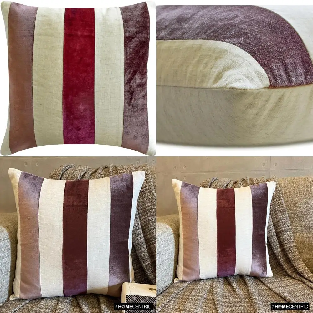 

Velvet Patchwork Throw Pillows - 22x22 inch Cushion Covers for Couch, Sofa, and Bed, Berry Color Pack of 2