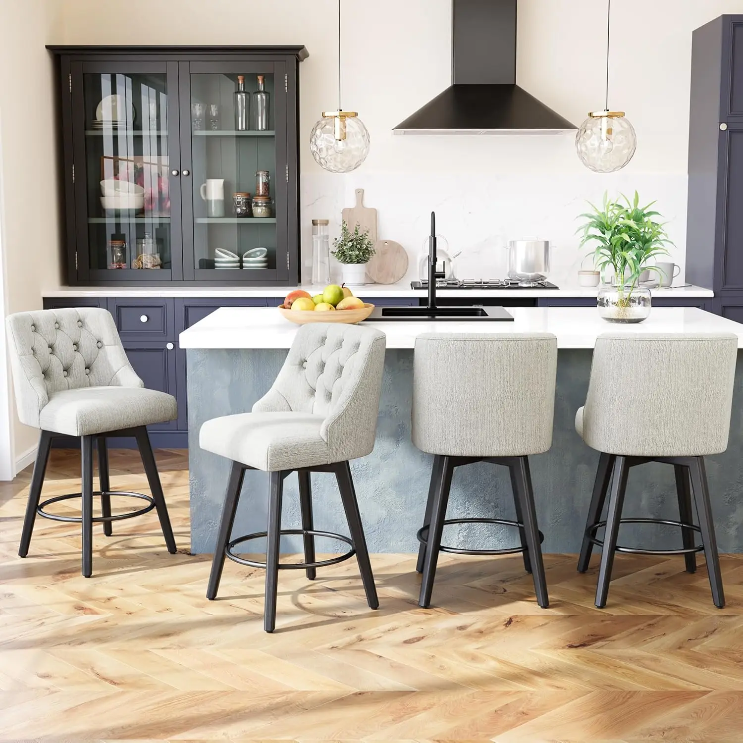 

Counter Height Swivel Bar Stools Set Of 4, 26.8 Inch Bar Stools With Footrest, Linen Fabric Upholstered Barstools, Customized