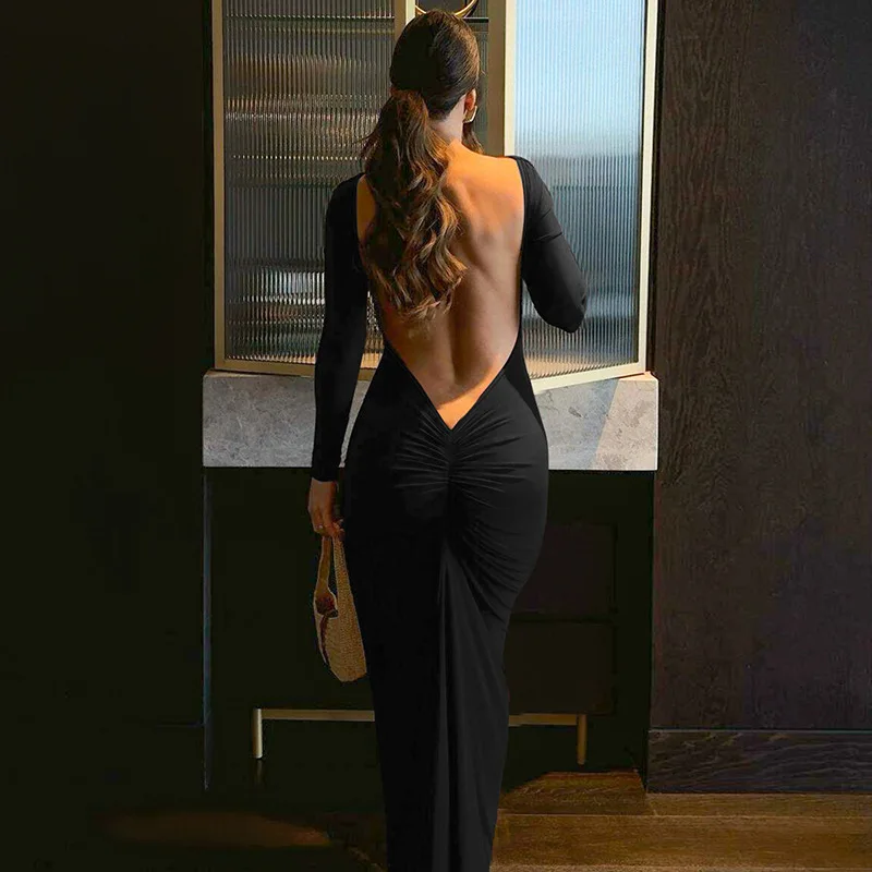 2025 가을 겨울 섹시한 백컷 드레스 여성용 핫 세일 패셔너블한 러플 슬림 핏 긴팔 신상 드레스