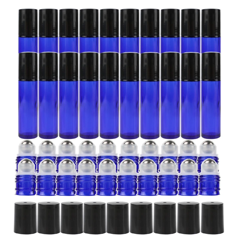 

24PC/Pack 10ml Blue Amber Thick Glass Roll on Bottle Travel Refillable Roller Ball Bottle Container with Stainless Steel Ball