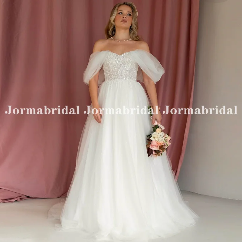 Off the Shoulder Tulle Boho Wedding Dresses Shiny Lace Appliques High Slit Bridal Gowns Lacing Back Customized suknia ślubna