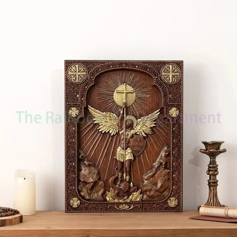 

Archangel Michael Square Wooden Icon Guardian Angel Statue, Religious Home Church Wall Decor, Christian Artwork