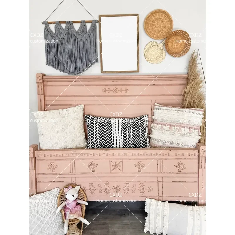 Retro Solid Wood Pink Hand Carved 1.8m Double Princess Bed Frame Vintage Style Bedroom Furniture Customizable Size