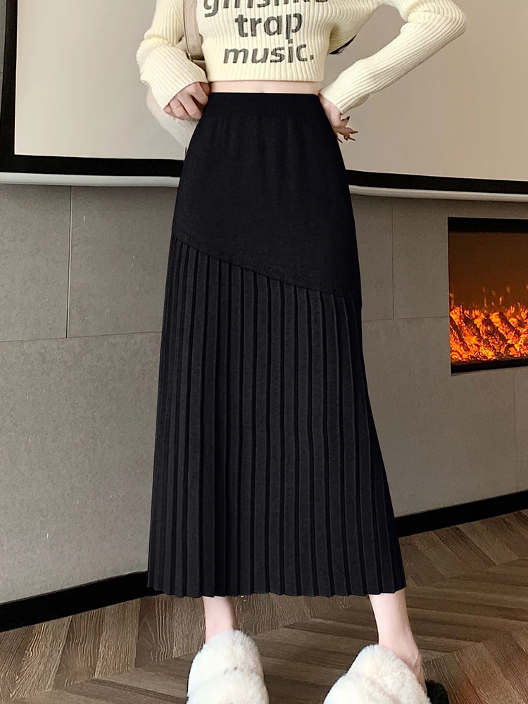 Pleated Skirt Women 2024 Autumn Winter High Waist Loose Casual Knitted Skirts Female Mid-Length Sweater Skirt Korean Fashion