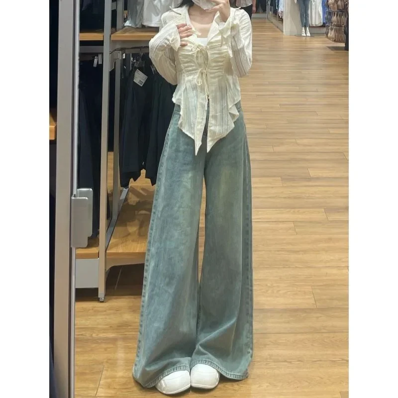 Hohe Taille Hosen für Frauen Feste Beiläufige Baggy Jeans Frauen Gewaschen Vintage Breite bein Jeans Jugendliche Weibliche Hosen Streetwear y2k