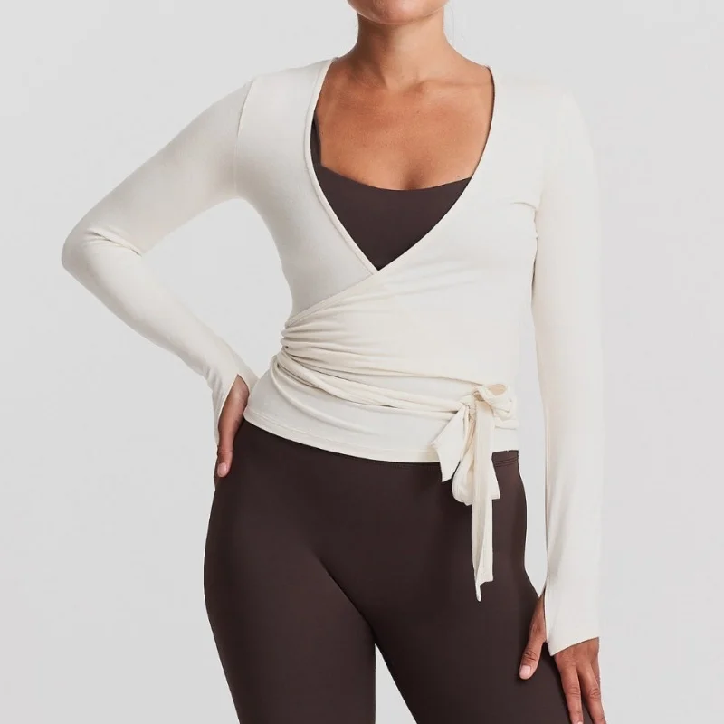 Y2k الباليه بيلاتيس التفاف الأعلى للنساء تجريب اليوغا الرقص طويلة الأكمام التفاف قميص سليم التعادل الجبهة الخروج المحاصيل القمم #5