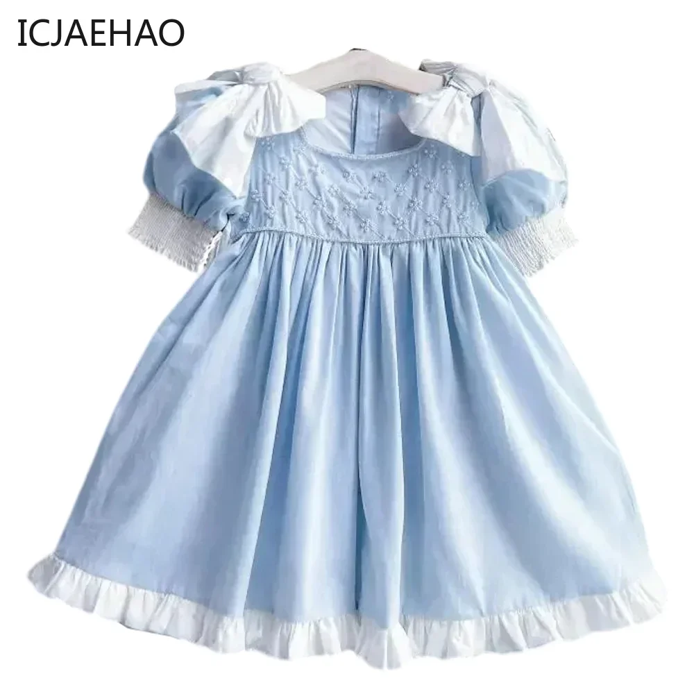 2025 Elegant Princess Frocks dresses Girls Embrodiery Outfit HandMade Big Bow Blue Dress Baby Kids Pearl Clothes Children Eid