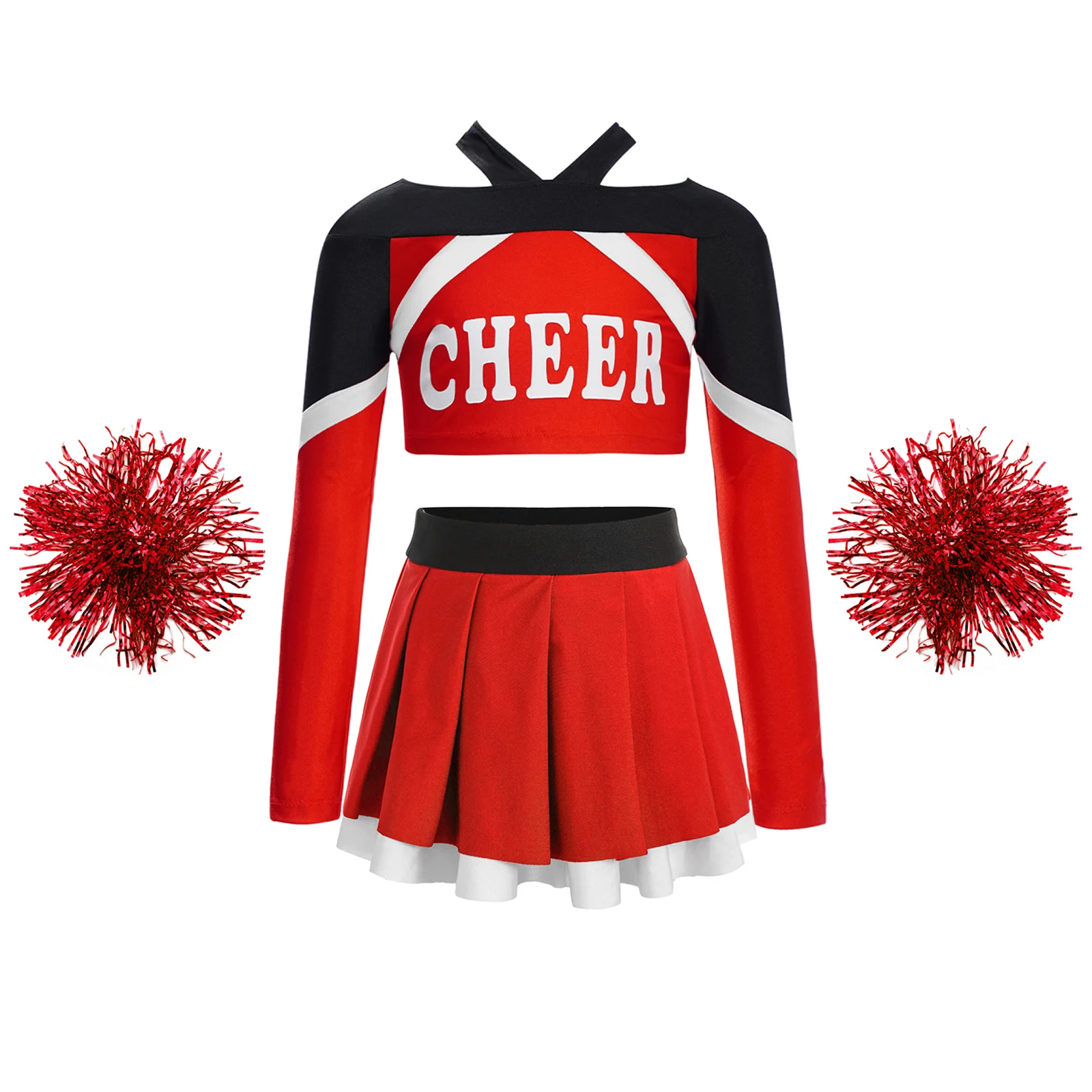 

Kids Girls Cheerleading Dancing Performance Outfit Long Sleeve Letter Print Color Block Crop Top+Pleated Skirt+2Pcs Flower Balls