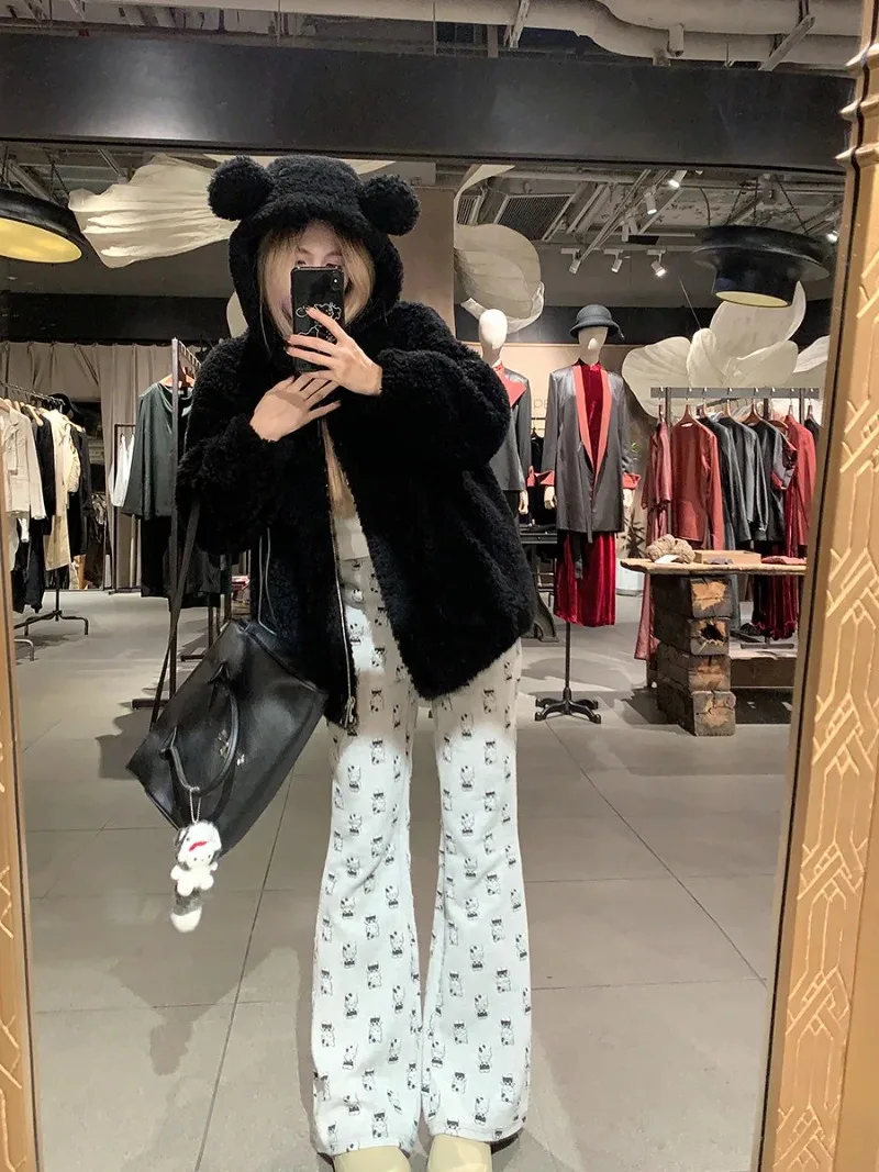 Bear Ear Hoodie Women's Casual Oversized Hoodie Coat Winter Thick Warm Zip Up Hoodie Sweatshirt Y2k Harajuku Streetwear Women