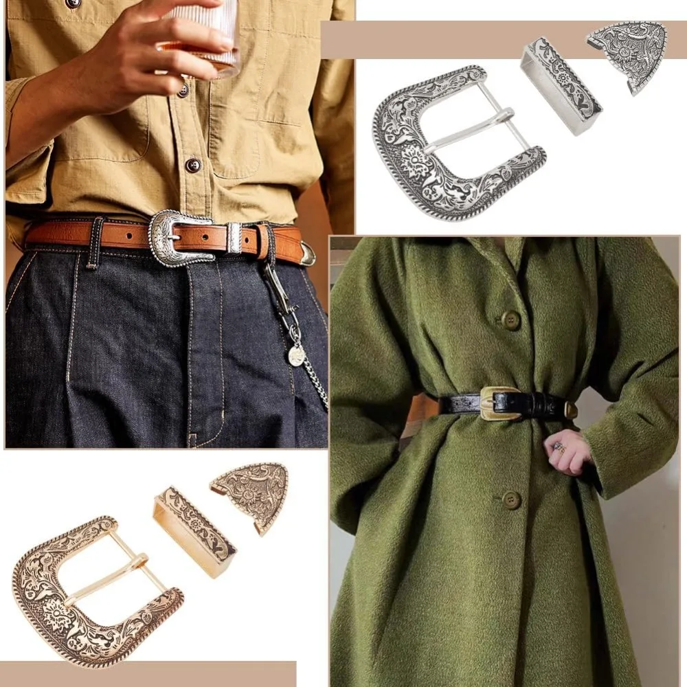 2Sets Belt Buck Set 1.5 Inch Western Cowboy Buckle Set 3 Piece Alloy Belt Buckle Set Antique Gold/Silver 2 Styles for