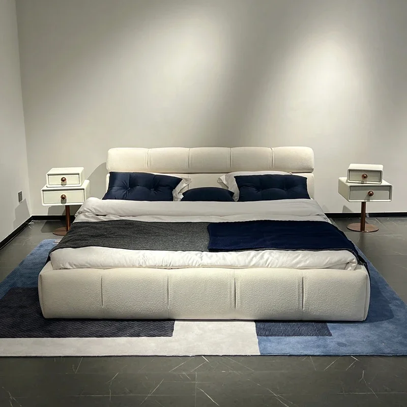 Modern Nordic Wool Fabric Bed, Italian Light Luxury Solid Wood Double Bed, Queen King Size Available