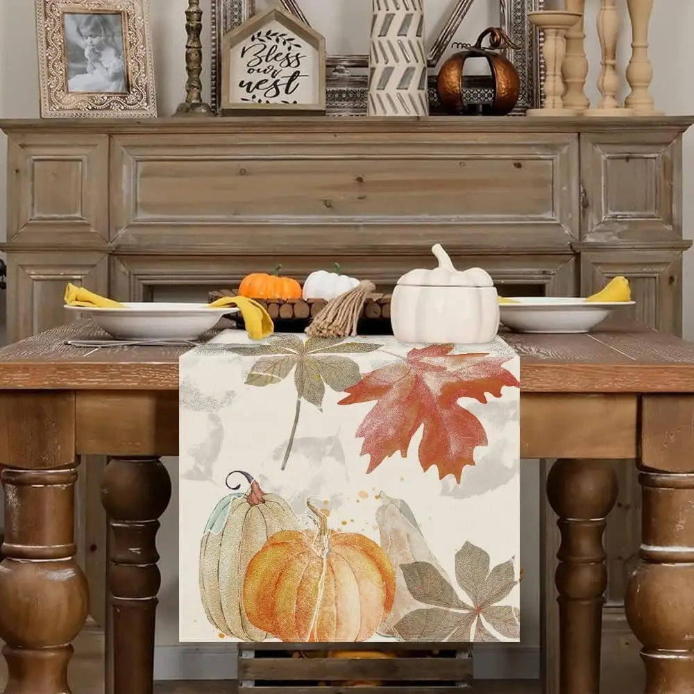 Fall Pumpkin Table Runner Watercolor Autumn Maple Leaf Orange Cream Harvest Thanksgiving Dining Kitchen Home Decor Gifts