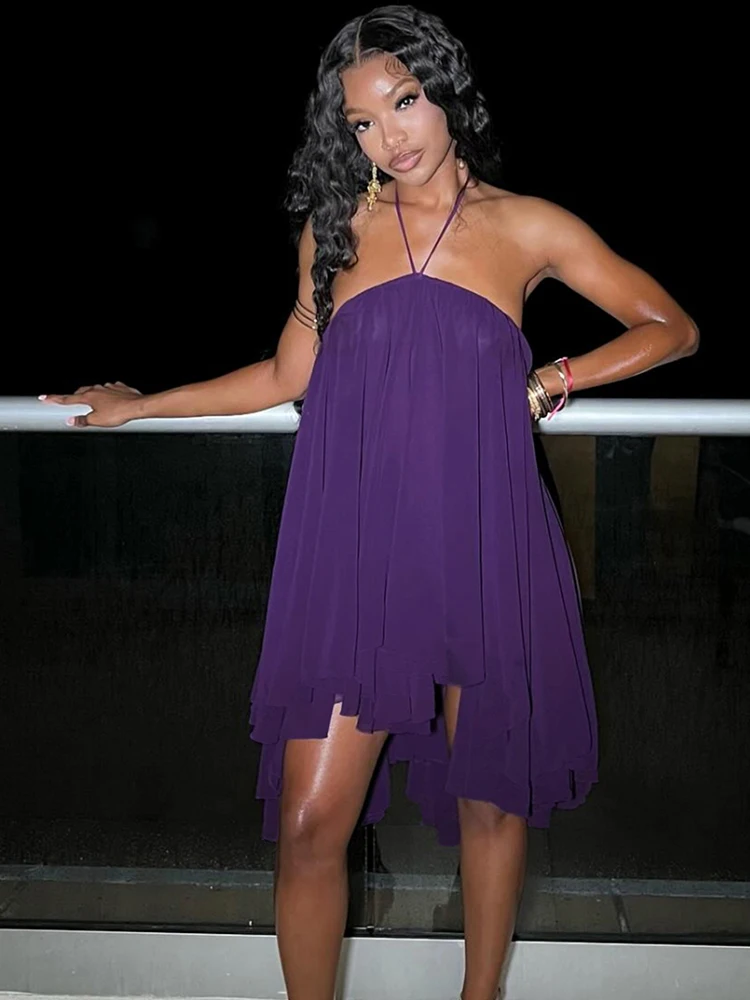 Estranho gato halter vestido solto feminino y2k verão sem mangas sem costas em camadas lrregular hem praia férias sexy tendência festa bodycon