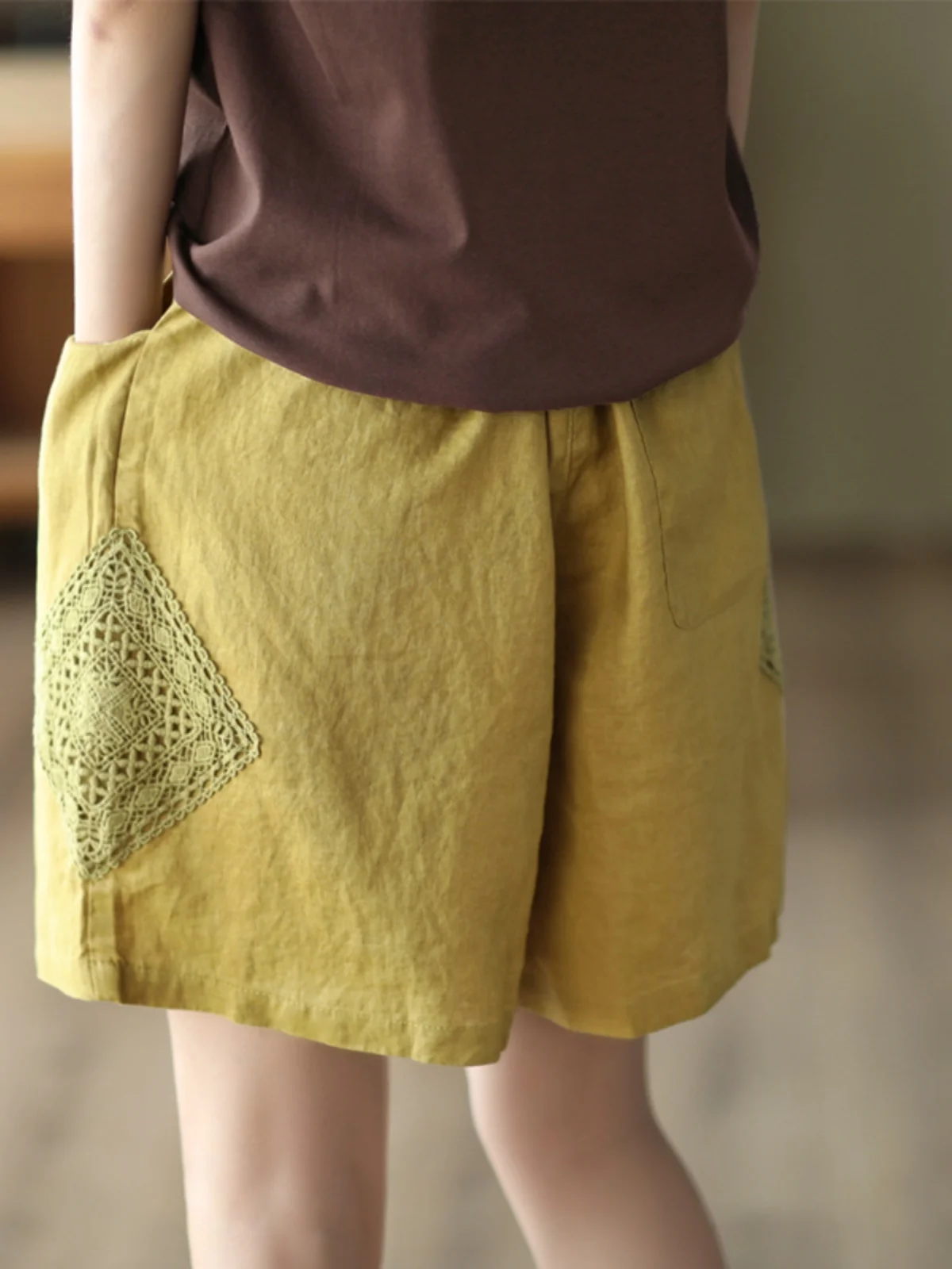 Retro Patchwork Hohl Haken Blume Leinen Breite Bein Hosen Frauen Sommer Belted Elastische Taille Lose Fit Casual orts