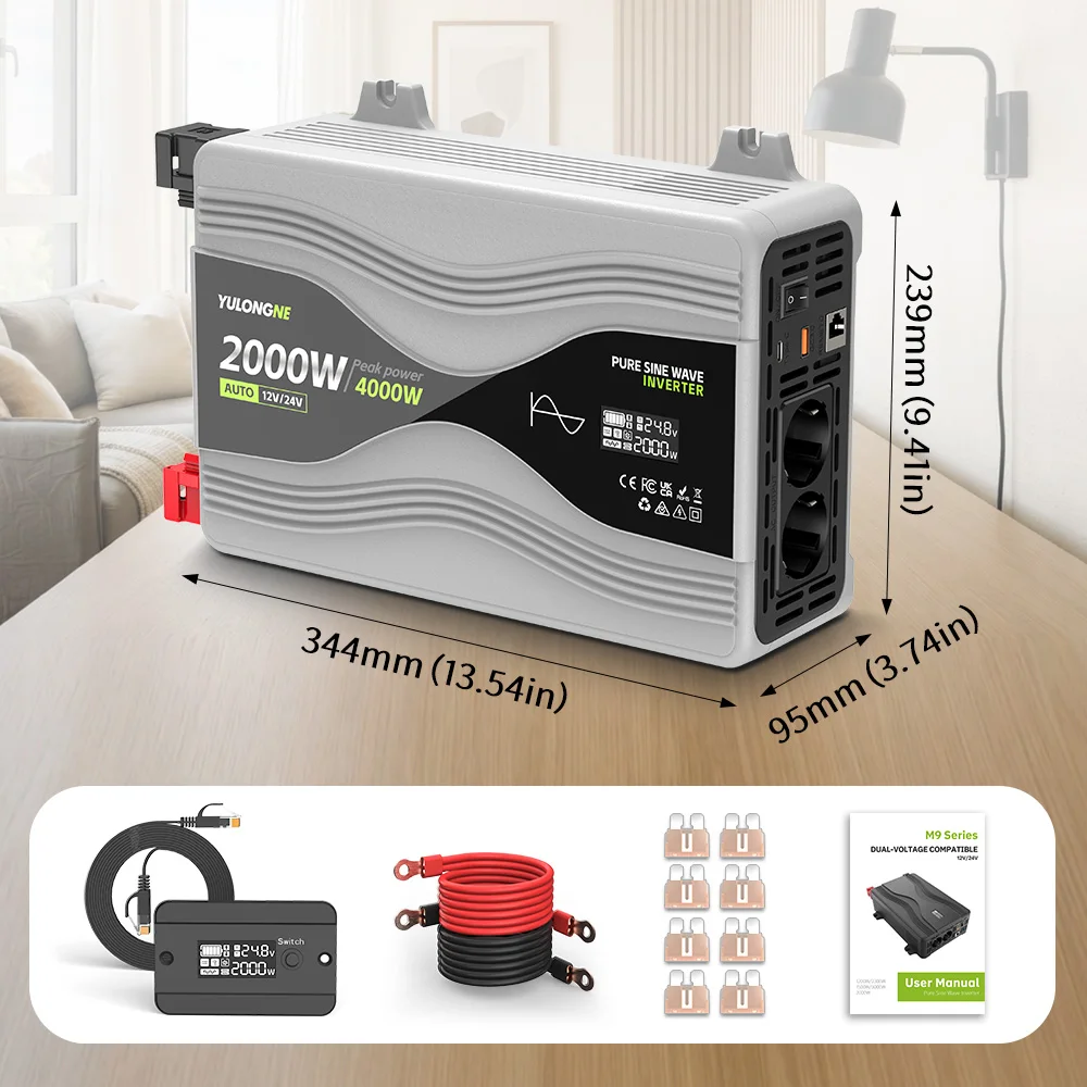 Peak 4000W Pure Sine Wave Inverter Auto 12V/24V DC to AC230V EU Socket LCD Remote Panel For Truck Caravan RV Home Solar Emergenc