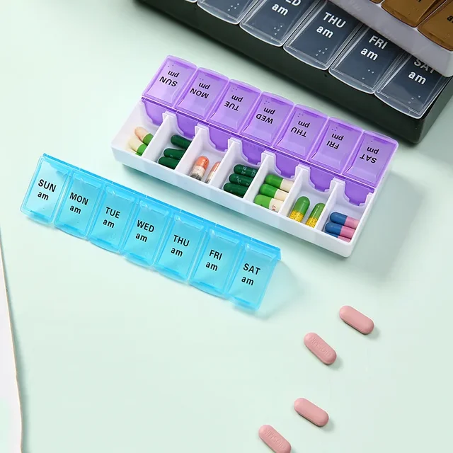 Caixa de comprimidos caso 7 dias semanal caixa de armazenamento de medicina fileira dupla 14 grade tablte dispensador organizador tampa aberta kit de primeiros socorros recipiente