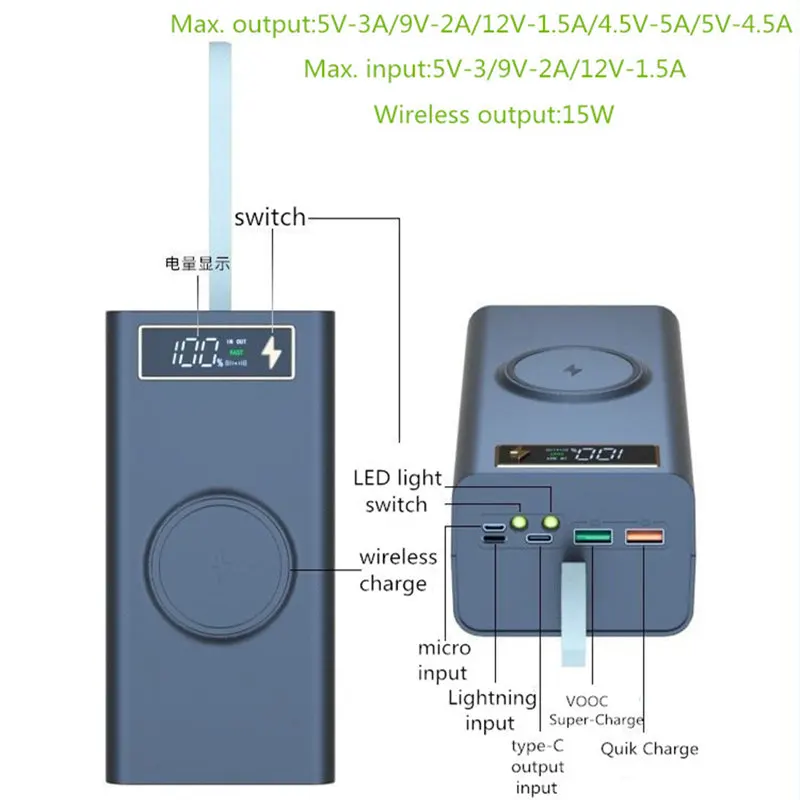 Ultra-big capacity DIY Power Bank Shell 5V 9V 12V 5A USB QC4.0 PD 22.5W Super-Charge VOOC Wireless Charge for 18650 Battery cell